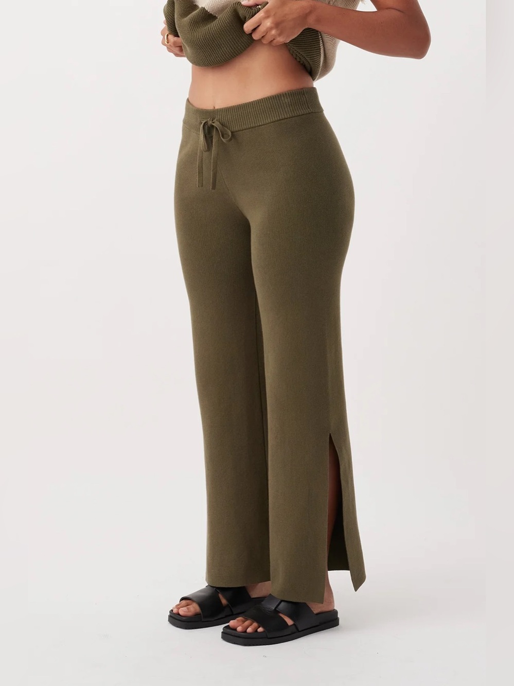 ARCAA Organic Cotton Olive Knit Wide-Leg Drawstring Pants